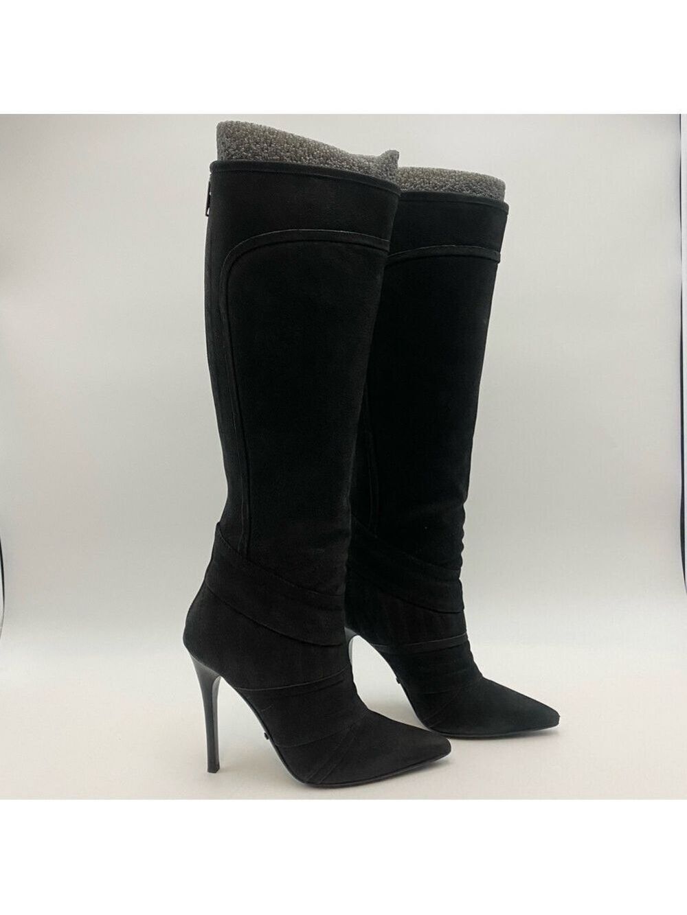 Burberry Knee High Leather High Heel Boots Black Sz 35 Italy